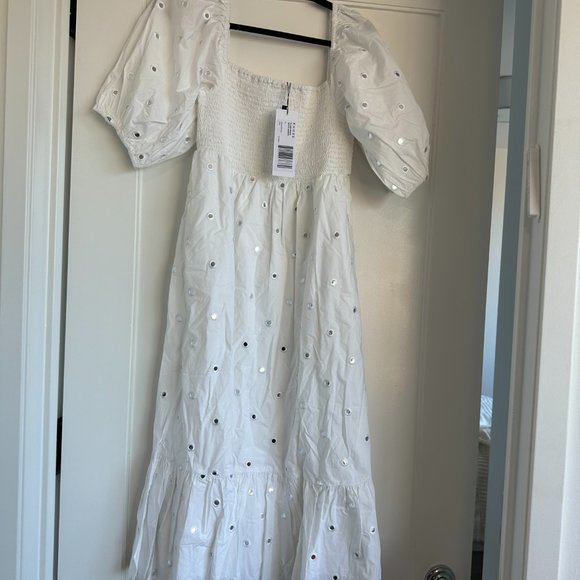 Rhode Eloise Eyelet Midi-dress White Mirror Smocked Bodice Puff Sleeves Small - Picture 5 of 8